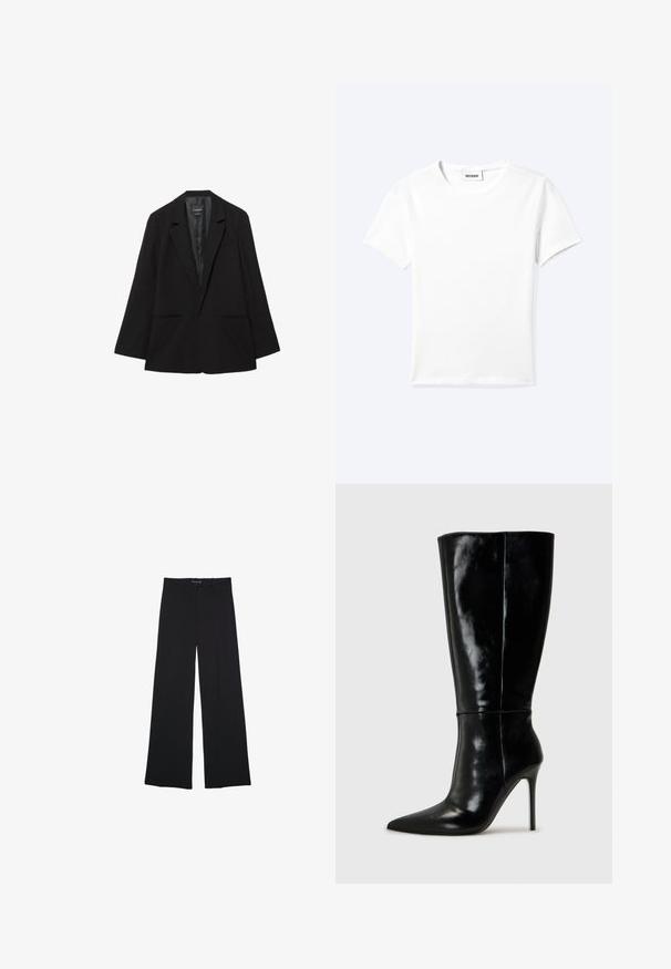 Sort enkeltknappet blazer med hakkede revers, to forlommer og en glat satinforing indvendigt.; Ensfarvet hvid t-shirt med korte ærmer og rund halsudskæring med en lille "WEEKDAY" label indeni halskanten, vist fladt på en lys baggrund.; Sorte bredbenede bukser lavet af et glat stof. Har en klassisk pasform, forlommer og en talje med knaplukning.; Sorte læderknælange støvler med spids tå og høj stilettohæl. Glat tekstur og slank design, med minimalt detaljer.
