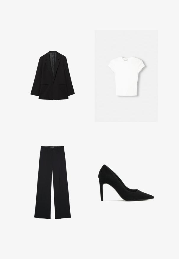 Blazer noir simple boutonnage avec revers crantés, deux poches avant et une doublure intérieure en satin lisse.; T-shirt blanc à manches courtes en coton doux, avec un col rond et une coupe ajustée. Pas de motifs ni d'ornements visibles.; Pantalon noir à jambes larges avec passants de ceinture, bouton frontal et fermeture éclair, étalé à plat sur un fond blanc.; Pompe à talon haut en suede noir avec un bout pointu, texture lisse et silhouettes épurée ; dotée d'un talon aiguille et d'un design minimaliste.