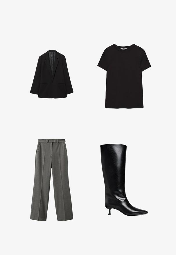 Sort enkeltknappet blazer med hakkede revers, to forlommer og en glat satinforing indvendigt.; Sort kortærmet t-shirt i bomuld med rund halsudskæring, standard pasform og synlig indvendig halsmærkat.; Grå, brede bukser lavet af tekstureret stof. Har et bælte med en rektangulær spænde og to sidelommer. Skræddersyet pasform.; Sort læderknæhøje støvler med spidse tæer, slank silhuet og en lav blokhæl med en blank finish.