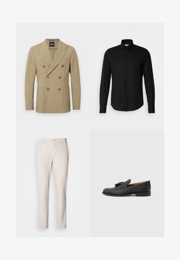 Blazer beige de doble botonadura con seis botones, solapas anchas, bolsillos de parche y etiqueta "BOSS" en el interior del cuello.; Camisa negra de manga larga hecha de tela suave. Presenta un cuello clásico, una botonera y un dobladillo recto. Sin patrones ni acentos presentes.; Pantalones beige de corte ajustado, con cierre de botón en la parte delantera, diseño de frente plano y corte recto, confeccionados en una suave mezcla de algodón.; Mocasín negro de cuero para hombre con borlas, punta redonda, tacón bajo y pestaña para tirar en la parte trasera, mostrado de perfil lateral sobre un fondo gris claro.
