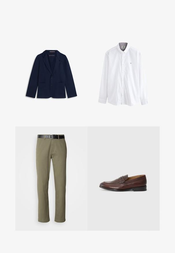Blazer azul marino para hombre con dos bolsillos delanteros, un bolsillo en el pecho, solapas con muesca y cierre de dos botones, colocado plano sobre fondo blanco.; Camisa blanca de botones con cuello estructurado, que presenta un patrón de cuadros en contraste en el interior del cuello y un pequeño emblema bordado en el pecho.; Pantalones rectos de color verde oliva, hechos de algodón, con un cinturón de cuero negro, costuras visibles y bolsillos laterales.; JOOP! KLEITOS - Zapatos sin cordones - brown