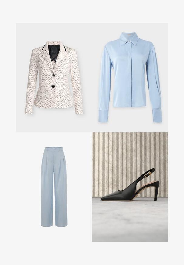 Blazer color crema con patrón geométrico de cadena negra, botones negros, cuello con solapa de muesca y dos bolsillos frontales.; Blusa azul claro de manga larga con cuello puntiagudo y botones frontales ocultos, mostrada sobre un fondo liso de color gris claro.; adL Pantalones - blue; Zapato de tacón alto de cuero negro, con punta afilada y tirante tipo slingback ajustable con hebilla dorada, y plantilla interior beige.