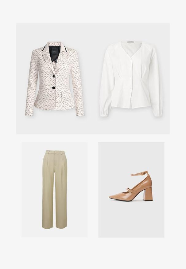 Blazer crème avec motif chaîne géométrique noire, boutons noirs, col à revers cranté et deux poches avant.; Blouse blanche à manches longues avec col en V, boutonnée à l'avant, taille cintrée et poignets élastiques, présentée sur un fond uni.; Pantalons larges beiges en tissu lisse, avec des plis à l'avant, une taille cintrée et des poches latérales. Finition du bas propre.; Chaussures à talons hauts en cuir verni beige avec un bout pointu, une bride de cheville et un talon carré épais. Texture lisse avec une finition brillante.