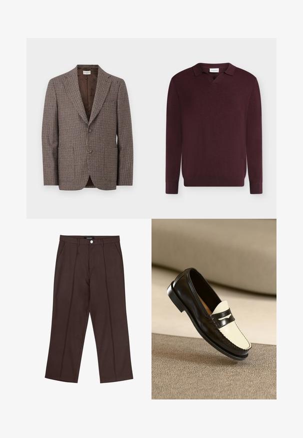 Brun og beige houndstooth-mønstret herreblazer med hakket revers, to-knaps lukning og brun indvendig foer.; Mørk bordeaux rullee med lange ærmer, en lille krave og V-udskæring, vist på en ensfarvet lys grå baggrund.; Brune lige ben bukser med frontfolder, lommer i siden, bæltestropper og en mærke knaplukning i taljen.; Sort læderloafer med en cremefarvet vamp og sorte accentstriber, som har en lav hæl og detaljeret syning langs kanterne.
