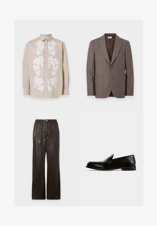 Brun og beige houndstooth-mønstret herreblazer med hakket revers, to-knaps lukning og brun indvendig foer.; Lys beige skjorte med knapper og hvid blomsterbroderi ned af fronten. Har en klassisk krave og lange ærmer med knapmanchetter.; Mørkebrune faux læder bukser med elastisk talje, frontknaplukning og brede lige ben.; Sort læder slip-on herresko med lav hæl og syninger på hvid baggrund, vist i sideprofil.