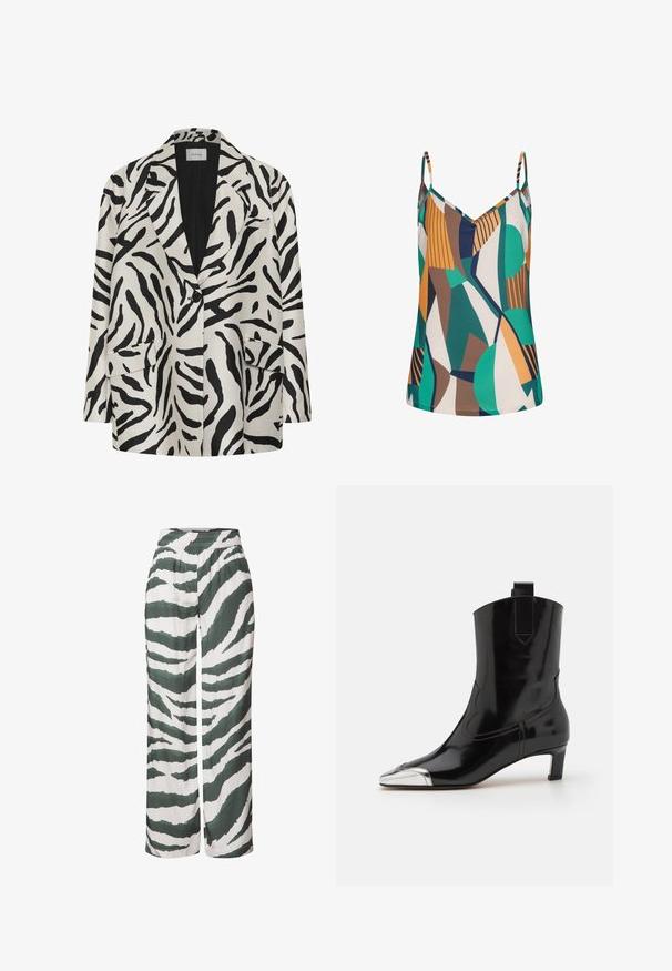 Hvid blazer med sorte abstrakte zebra-striber, revers med hak, enkelt sort knap og to forlommer med klap.; Spaghetti-strap top i letvægtsstof med et geometrisk mønster i grønne, orange, brune og off-white nuancer samt V-halsdesign.; Bredde ben bukser lavet af letvægtsstof, med et grønt og hvidt zebra-stribe mønster. Elastisk talje med en afslappet pasform.; ALOHAS SHIMMER BICOLOR BOOTS - Støvletter - black/silver
