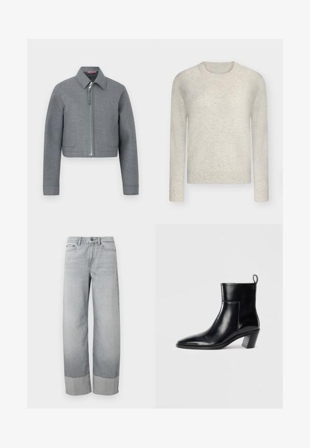 Veste courte grise à manches longues, col pointu et fermeture éclair centrale argentée sur fond blanc uni.; Pull beige clair à manches longues et col rond avec poignets, ourlet et encolure côtelés, présenté sur un fond gris neutre.; Jean en denim gris clair à coupe large, avec un revers doublement retourné et un léger effet délavé. Fermeture devant standard avec bouton et fermeture éclair.; Bottine en cuir noir avec un bout pointu, un talon empilé géométrique et une languette à l'arrière. Texture lisse et design épuré.
