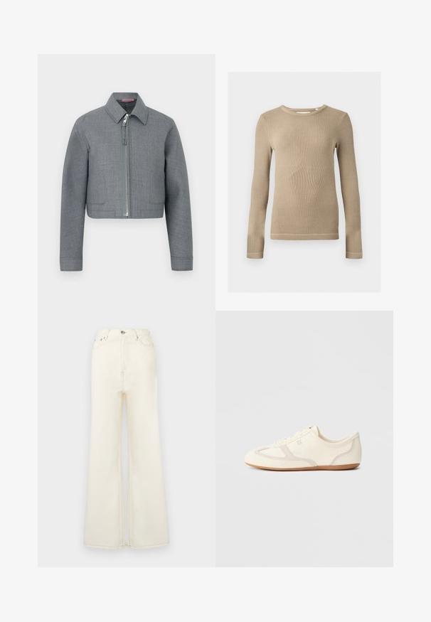 Veste courte grise à manches longues, col pointu et fermeture éclair centrale argentée sur fond blanc uni.; Haut beige à manches longues en maille côtelée, col rond, silhouette ajustée et coutures visibles aux ourlets sur fond uni.; Jean évasé taille haute de couleur crème clair, fabriqué en denim. Comprend des poches avant, une fermeture à boutons et zip, ainsi que des coutures visibles.; Baskets couleur crème avec une tige en daim et tissu, un bout arrondi, et une semelle en caoutchouc avec un détail accent beige. Fermeture à lacets.