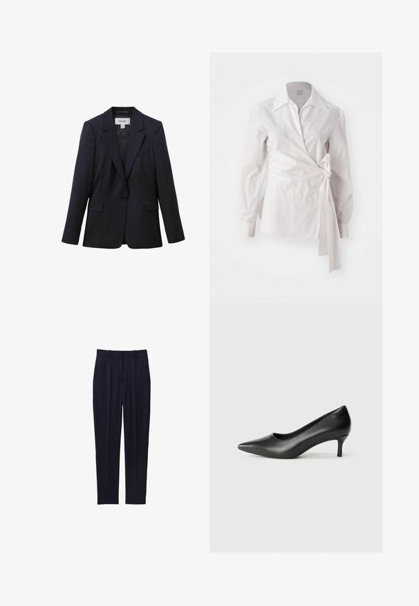 Marineblauer, taillierter Blazer mit Ein-Knopf-Verschluss, Stegkragen, vorderen Pattentaschen und Brustleistentasche, entworfen von Reiss.; Weiße langärmelige Wickelbluse mit klassischem Kragen und seitlichem Knoten-Detail auf einem einfachen Hintergrund.; Schwarze maßgeschneiderte Anzughose mit Gürtelschlaufen und schlanker, gerader Passform vor weißem Hintergrund.; Schwarzer Leder-Pump mit spitz zulaufender Zehenpartie, niedrigem konischen Absatz, glatter Textur und einem flachen Ausschnitt im Obermaterial für Sichtbarkeit des Fußes.