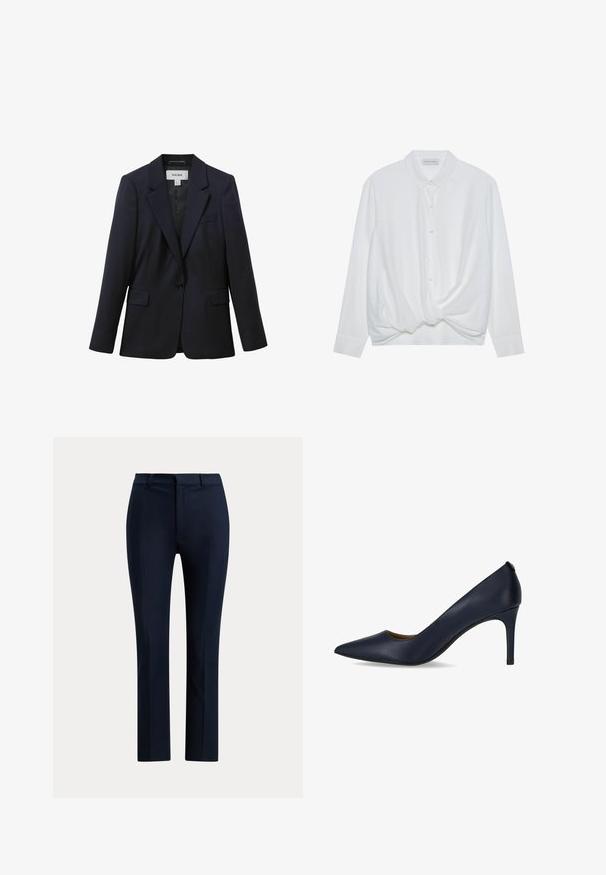 Marineblauwe getailleerde blazer met een enkele knoopsluiting, notched revers, voorvakken met klep en een borstpaspelzak, ontworpen door Reiss.; Witte lange mouwen blouse met een kraag, knopen aan de voorkant en een gedraaide knoopdetail aan de onderkant. Soepele stof met een relaxte pasvorm.; Marineblauwe, op maat gemaakte pantalon met rechte pijpen, riemlussen en een voorritssluiting.; Marineblauwe hoge pump van soepel leer, met een spitse neus en een slanke hak. Eenvoudig ontwerp zonder extra versieringen.