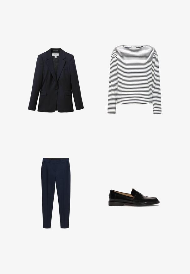 Marineblå skræddersyet blazer med enkelt knaplukning, hakkede revers, forlommer med klap og brystlomme med paspol, designet af Reiss.; Langærmet top med bådudskæring, lavet af blødt stof med marineblå og hvide vandrette striber. Ligefrem skæring og minimal detaljer.; Mørkeblå skræddersyede bukser med bæltestropper, sidelommer og en favoritfold fortil, designet til en tætsiddende pasform.; Sorte læder loafers med glat finish, afrundet tå og en dekorativ rem over fronten. Lav blokhælsdesign.