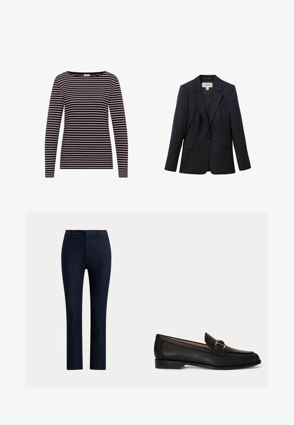 Blazer bleu marine ajusté avec fermeture à un bouton, revers crantés, poches avant à rabat et poche poitrine passepoilée, conçu par Reiss.; T-shirt à manches longues avec un col rond, présentant des rayures horizontales noires et blanches dans un tissu doux et extensible. Étiquette de marque : CEYIL.; Pantalon habillé bleu marine sur mesure, coupe droite, passants de ceinture et fermeture éclair à l’avant.; Mocassin en cuir noir avec un petit talon et une boucle dorée décorative sur le devant, vu de profil sur fond blanc.