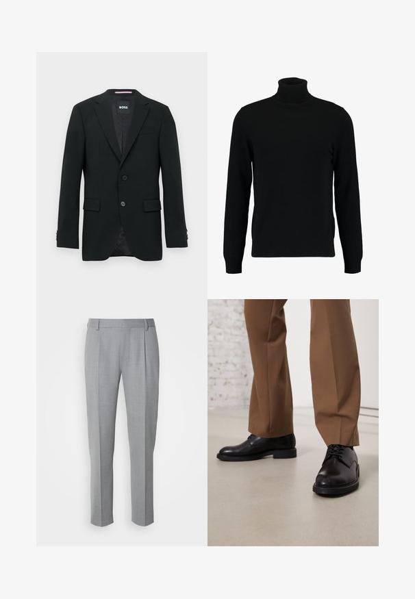 Blazer noir ajusté avec deux boutons, cols crantés et poches à rabat. Intérieur doublé avec un motif texturé subtile. Étiquette de la marque : BOSS.; Un pull à col roulé noir en matière tricotée douce. Il possède des manches longues, un col et un ourlet côtelés. Son design est simple et épuré, sans motifs.; Pantalons gris sur mesure avec une texture lisse, présentant un devant plat, des jambes droites et de légères pinces pour plus de détail.; Chaussures en cuir noir avec une surface lisse et un bout arrondi, dotées d'un système de laçage et d'une semelle plate et basse. Associées à un pantalon marron.