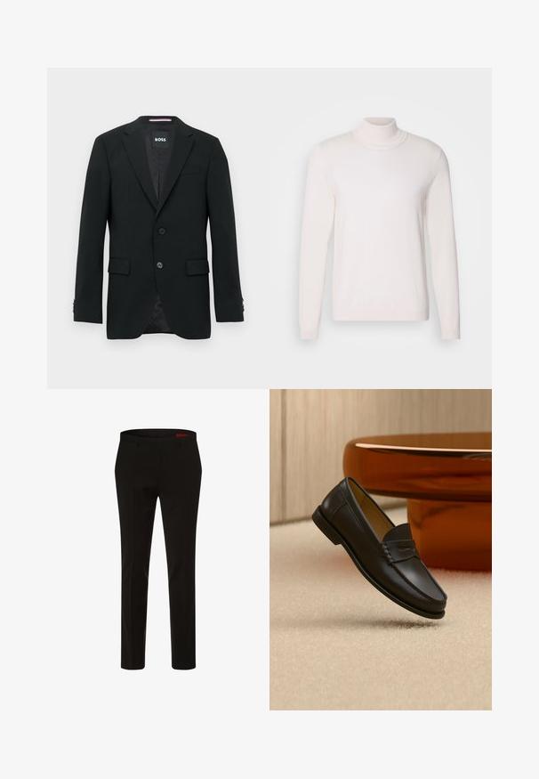Blazer noir ajusté avec deux boutons, cols crantés et poches à rabat. Intérieur doublé avec un motif texturé subtile. Étiquette de la marque : BOSS.; Pull à col roulé rose clair avec des manches longues, texture douce, col et poignets côtelés, présentant un design classique et ajusté.; HUGO Pantalon de costume - schwarz; Chaussure mocassin en cuir noir suspendue au-dessus d’un tapis beige avec du mobilier moderne couleur ambre en arrière-plan.