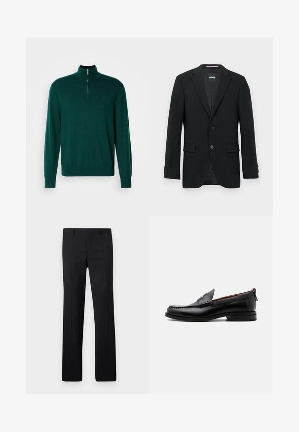 Blazer noir ajusté avec deux boutons, cols crantés et poches à rabat. Intérieur doublé avec un motif texturé subtile. Étiquette de la marque : BOSS.; Un pull zippé vert foncé avec un col haut, des manches longues et des poignets côtelés. Fabriqué en un tissu tricoté lisse et léger. Détail de logo subtil.; Pantalons noirs ajustés avec une coupe droite, des plis marqués et une finition lisse. Fabriqués en tissu léger avec une taille nette.; Mocassin homme en cuir noir avec couture moc toe, bride penny, col texturé et petit talon empilé sur fond blanc.