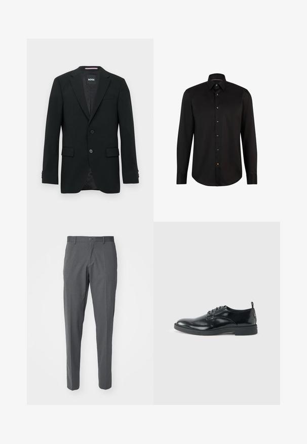 Blazer negro a medida con dos botones, solapas con muesca y bolsillos con solapa. Interior forrado con un sutil patrón texturizado. Etiqueta de la marca: BOSS.; Camisa negra de manga larga hecha de tela suave, con una parte delantera abotonada que presenta botones en contraste y un diseño de cuello clásico.; Pantalones grises hechos de una tela suave, con cierre de botón, bolsillos delanteros y un diseño ajustado.; Zapato de vestir negro de cuero brillante con tacón bajo, cierre de cordones y puntera redonda, mostrado de lado sobre un fondo claro y liso.