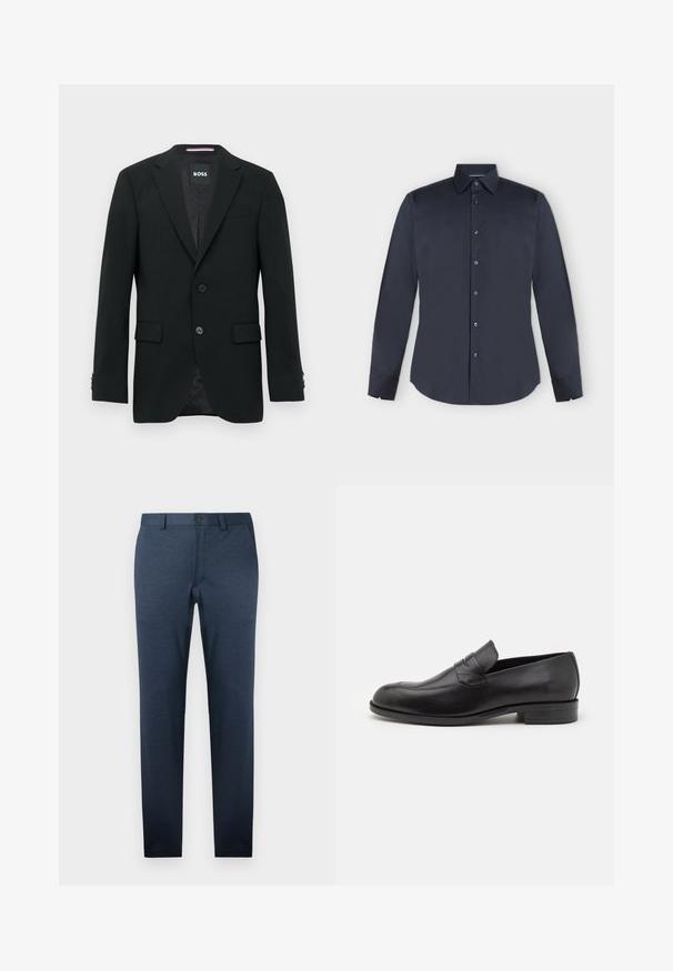 Blazer negro a medida con dos botones, solapas con muesca y bolsillos con solapa. Interior forrado con un sutil patrón texturizado. Etiqueta de la marca: BOSS.; Camisa de vestir para hombre de manga larga en azul marino oscuro con botones, cuello puntiagudo y puños abotonados sobre un fondo gris claro.; Pantalones azul oscuro de tejido texturizado, con corte slim, frente plano y cierre de un botón en la cintura.; Mocasines de cuero negro con punta redondeada y detalles de costura sutiles. Textura suave y tacón bajo con marca en la parte trasera.