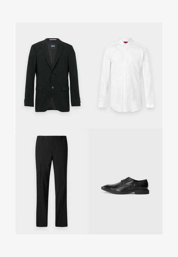 Blazer negro a medida con dos botones, solapas con muesca y bolsillos con solapa. Interior forrado con un sutil patrón texturizado. Etiqueta de la marca: BOSS.; Camisa blanca de manga larga con cuello puntiagudo y tapeta de botones oculta, mostrada sobre un fondo liso y claro.; Pantalones negros ajustados con un diseño de pierna recta, que presentan una textura suave, pliegues frontales y una cinturilla clásica para un aspecto formal.; Zapato de vestir negro de cuero con una textura suave, punta afilada, diseño de cordones con seis ojales y un tacón rectangular bajo. Detalle de marca sutil en el lateral.