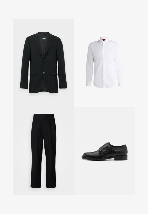 Blazer noir ajusté avec deux boutons, cols crantés et poches à rabat. Intérieur doublé avec un motif texturé subtile. Étiquette de la marque : BOSS.; Chemise blanche à manches longues en tissu lisse avec un col classique et un ourlet arrondi. Présente des boutons beiges à l'avant.; Pantalons noirs à jambes droites avec une taille à bouton, passants de ceinture et pli avant, présentés sur un fond blanc uni.; Chaussure habillée en cuir noir avec double boucle, silhouette élégante et bout rond. Dispose d'un petit talon et d'une texture lisse.