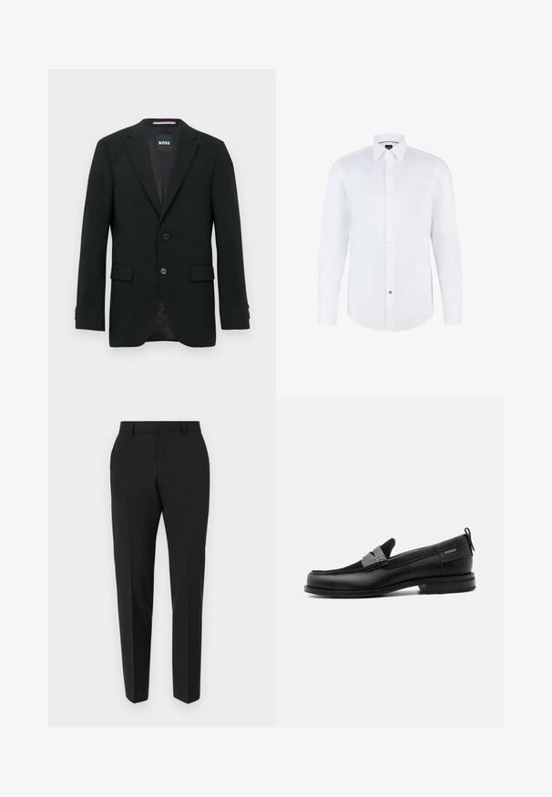 Blazer negro a medida con dos botones, solapas con muesca y bolsillos con solapa. Interior forrado con un sutil patrón texturizado. Etiqueta de la marca: BOSS.; Camisa blanca de manga larga hecha de una tela suave, con cierre de botones en la parte delantera, cuello puntiagudo y dobladillo curvado. Acento notable de botón de marca.; Pantalones negros con un diseño a medida, con frente plano, detalles de pliegue y un corte ajustado. Fabricados con una tela suave para un aspecto refinado.; Mocasín de cuero negro con detalle de tira gris, tacón bajo y suela texturizada, con la marca "HUGO" en oro en el lateral.