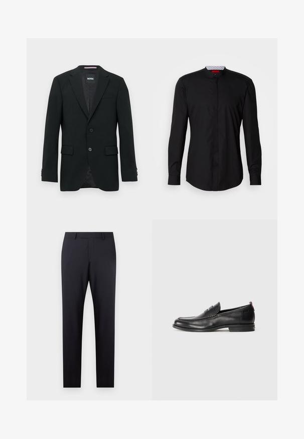 Blazer noir ajusté avec deux boutons, cols crantés et poches à rabat. Intérieur doublé avec un motif texturé subtile. Étiquette de la marque : BOSS.; Chemise noire à manches longues avec col mandarin, confectionnée dans un tissu lisse, dotée d'une patte de boutonnage à l'avant et de détails de design subtils.; Pantalons taillés bleu marine foncé avec un devant plat, coupe ajustée, poches latérales et une texture lisse ; sans motifs ni embellissements visibles.; Mocassins en cuir noir avec un bout arrondi, des détails cousus et un petit accent rouge au niveau du talon. Semelle en caoutchouc à profil bas.
