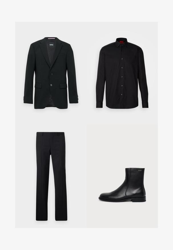 Blazer noir ajusté avec deux boutons, cols crantés et poches à rabat. Intérieur doublé avec un motif texturé subtile. Étiquette de la marque : BOSS.; Chemise noire à manches longues en tissu lisse, avec un col classique, un fermeture à boutons à l'avant et une coupe ajustée.; Pantalons noirs ajustés avec une coupe droite, des plis marqués et une finition lisse. Fabriqués en tissu léger avec une taille nette.; Bottine en cuir noir à talon bas, couture latérale et petit logo "HUGO" sur le revers supérieur sur un fond uni.
