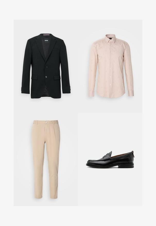 Schwarzer maßgeschneiderter Blazer mit zwei Knöpfen, Revers mit Kerbkragen und Pattentaschen. Gefüttertes Innenfutter mit einem dezenten Strukturmuster. Markenlabel: BOSS.; Helles rosa Langarmhemd mit einem Button-Down-Kragen, subtilen Streifenmustern und gestickten runden Motiven.; Beige Hosen mit schmaler Passform, aus gewebtem Material. Sie verfügen über einen einzelnen Knopfverschluss, eine gefalte Vorderseite und gerade Beine.; Schwarzer Leder-Herrenschuh mit Mokassinnaht, Penny-Riemen, strukturiertem Kragen und niedrigem gestapeltem Absatz auf weißem Hintergrund.