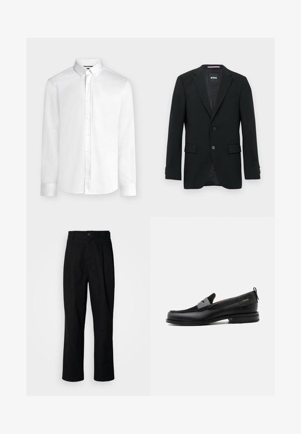 Schwarzer maßgeschneiderter Blazer mit zwei Knöpfen, Revers mit Kerbkragen und Pattentaschen. Gefüttertes Innenfutter mit einem dezenten Strukturmuster. Markenlabel: BOSS.; Weißes langärmeliges Hemd mit Knopfleiste, einem geknöpften Kragen und Standardmanschetten, dargestellt auf einem einfarbigen hellgrauen Hintergrund.; Schwarze gerade geschnittene Hosen mit einem Knopfverschluss, Gürtelschlaufen und Vorderfalten, vor einem schlichten weißen Hintergrund präsentiert.; Schwarzer Lederloafer mit grauem Riemendetail, niedrigem Absatz und strukturierter Sohle, seitlich mit „HUGO“ in Gold gebrandmarkt.