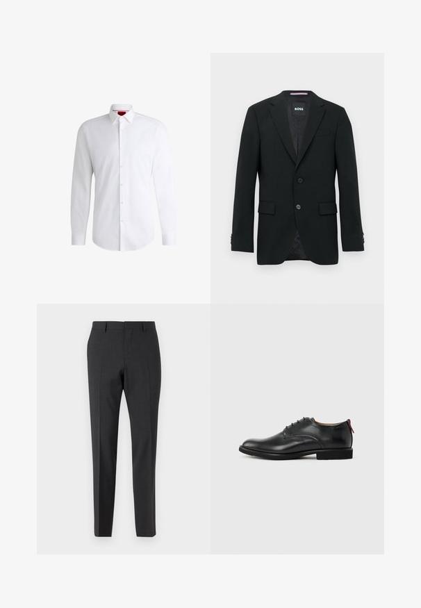 Black tailored blazer with two buttons, notched lapels, and flap pockets. Lined interior with a subtle texture pattern. Brand label: BOSS.; White button-up shirt made of smooth fabric with a classic collar, long sleeves, and a curved hem. Features beige buttons on the front.; Dark gray tailored trousers with a smooth texture, slim fit, flat front, and belt loops, designed for formal or business attire.; Black leather men's dress shoe with lace-up front and red pull tab on heel against plain background.