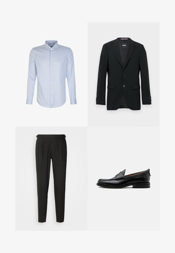 Schwarzer maßgeschneiderter Blazer mit zwei Knöpfen, Revers mit Kerbkragen und Pattentaschen. Gefüttertes Innenfutter mit einem dezenten Strukturmuster. Markenlabel: BOSS.; Herren Langarmhemd, hellblau mit weißen Streifen, knöpfbarer Frontverschluss, klassischer Kragen, Baumwollstoff, glatte Textur, abgerundeter Saum.; Schwarze maßgeschneiderte Hose mit flacher Vorderseite, zwei Falten, Gürtelschlaufen und geradem Bein. Hergestellt aus glattem, leichtem Stoff.; Schwarzer Leder-Herrenschuh mit Mokassinnaht, Penny-Riemen, strukturiertem Kragen und niedrigem gestapeltem Absatz auf weißem Hintergrund.