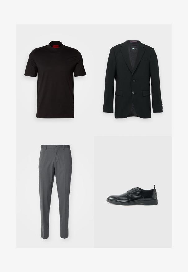 Schwarzer maßgeschneiderter Blazer mit zwei Knöpfen, Revers mit Kerbkragen und Pattentaschen. Gefüttertes Innenfutter mit einem dezenten Strukturmuster. Markenlabel: BOSS.; Schwarzes T-Shirt mit kurzen Ärmeln und hohem Kragen. Hergestellt aus glattem Stoff. Verfügt über ein rotes Markenlabel am inneren Kragen.; Grau Hosen aus einem glatten Stoff, mit Knopfverschluss, frontalen Taschen und einer schlanken Passform.; Glänzender schwarzer Lederschuh mit niedrigem Absatz, Schnürverschluss und runder Kappe, seitlich auf hellem, schlichten Hintergrund gezeigt.