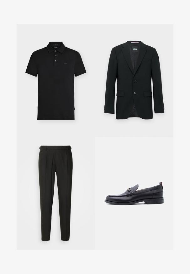 Blazer negro a medida con dos botones, solapas con muesca y bolsillos con solapa. Interior forrado con un sutil patrón texturizado. Etiqueta de la marca: BOSS.; Polo negro de corte ajustado con tres botones, mangas cortas y un sutil logotipo "BOSS" en el pecho y en el interior del cuello.; Pantalones negros ajustados con frontales lisos, dos pliegues, trabillas para cinturón y diseño de pierna recta. Fabricados con una tela suave y ligera.; Mocasín de cuero negro con empeine gris texturizado, detalle de hebilla metálica plateada, tacón bajo y lengüeta para tirar en la parte trasera.