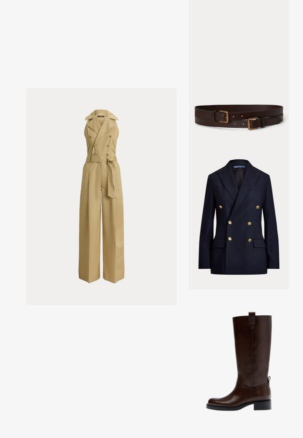 Veste bleu marine croisée avec boutons dorés et revers à encoche, dotée de poches à rabat et d'une étiquette Polo by Ralph Lauren à l'intérieur du col.; Combinaison beige à jambes larges avec un design à double boutonnage, de grands revers et une taille ceinturée. Fabriquée dans un tissu lisse et structuré.; Botte en cuir marron foncé montant jusqu'au genou avec un petit talon bloc, une languette de traction en haut et à l'arrière, et un bout arrondi, vue de profil.; Deux ceintures en cuir marron foncé avec des boucles rectangulaires dorées, posées côte à côte sur un fond clair uni.