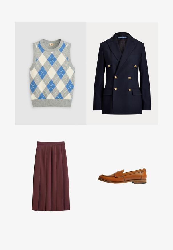 Veste bleu marine croisée avec boutons dorés et revers à encoche, dotée de poches à rabat et d'une étiquette Polo by Ralph Lauren à l'intérieur du col.; Pull gris sans manches avec un motif argyle bleu, blanc et jaune. Il présente un col rond et un ourlet côtelé. Fabriqué en tissu doux.; Jupe midi plissée marron taille haute avec de larges plis verticaux et une ceinture droite, présentée sur un fond blanc.; Mocassin en cuir marron avec talon plat, bout arrondi et une bride décorative traversant le dessus. Texture lisse avec un détail de couture contrastée.