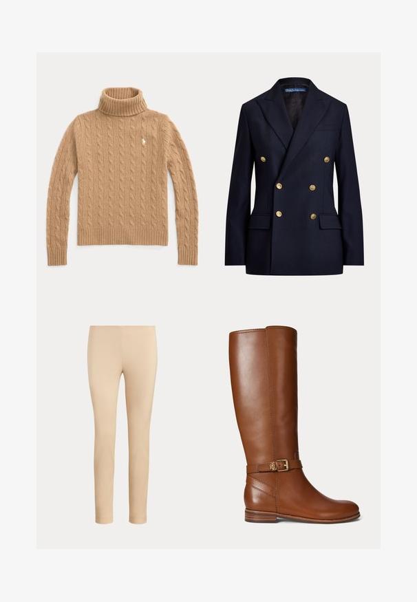 Marineblå dobbeltradet blazer med guldknapper og slidser i reverset, med klaplommer og Polo by Ralph Lauren label inde i kraven.; Kamelfarvet kabelstrikket rullekrave sweater med lange ærmer og ribstrikkede manchetter, med en lille broderet logo på brystet.; Beige slim-fit ankellange bukser med en glat finish og uden synlige lommer eller pynt på en ensfarvet baggrund.; Brun læder knæhøj støvle med en lille guldbøjle og "RL" logo på remmen nær anklen, flad hæl og glat finish.