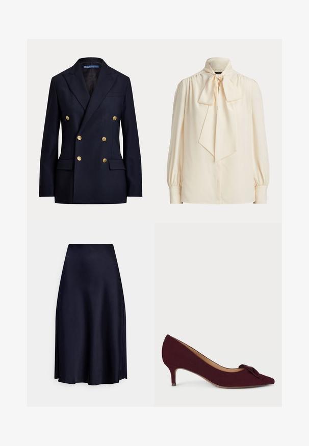 Tmavomodré dvojradové sako so zlatými gombíkmi a zárezovými klopami, s klopovými vreckami a štítkom Polo by Ralph Lauren vo vnútri goliera.; Krémová blúzka s dlhými rukávmi, vysokým golierom a veľkou viazanou mašľou na krku, s nariasenými ramenami a manžetami na rukávoch.; Tmavomodrá saténová midi sukňa s hladkou textúrou, rozšíreným strihom a priliehavým pásom, so štýlom, ktorý je elegantný a minimalistický.; Bordové semišové lodičky s špicatou špičkou, malým opätkom a uzlovou mašľou na prednej časti; hladká textura a elegantný dizajn.