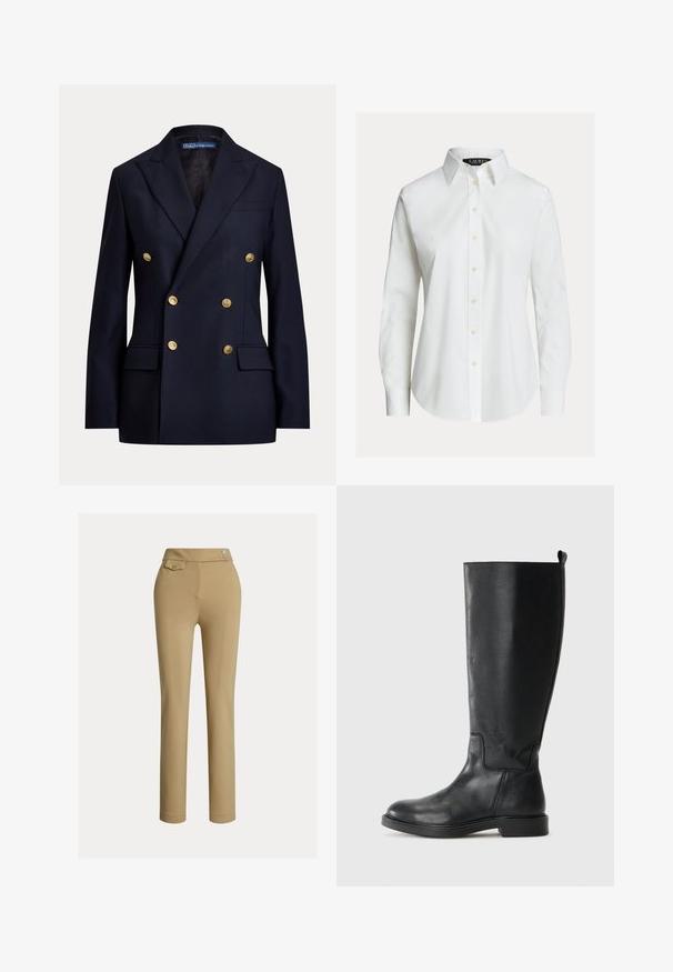 Veste bleu marine croisée avec boutons dorés et revers à encoche, dotée de poches à rabat et d'une étiquette Polo by Ralph Lauren à l'intérieur du col.; Chemise blanche à manches longues avec col pointu, boutons sur le devant et ourlet légèrement incurvé.; Pantalons beiges ajustés avec une texture lisse, taille haute, deux boutons décoratifs et une poche arrière. Design à jambe droite.; Bottes noires en cuir jusqu'au genou avec une texture lisse, bout arrondi, coutures minimales et un petit talon carré. Conçues avec une languette pour un enfilage facile.