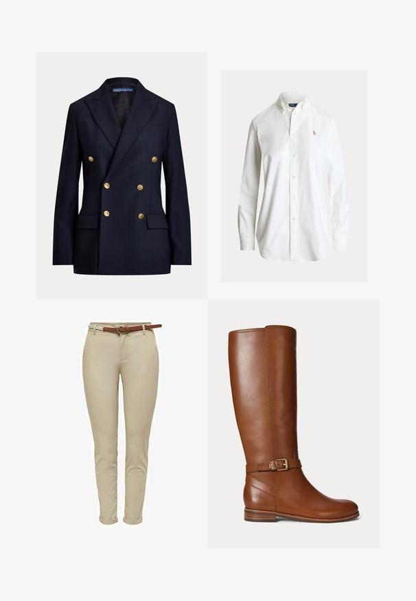 Veste bleu marine croisée avec boutons dorés et revers à encoche, dotée de poches à rabat et d'une étiquette Polo by Ralph Lauren à l'intérieur du col.; Chemise blanche à manches longues avec boutons, col boutonné et petit logo brodé de joueur de polo sur la poitrine gauche.; Pantalons beige ajustés en coton avec une texture lisse, dotés d'une ceinture en cuir marron et de revers roulés pour plus de détails.; Botte en cuir marron montant jusqu’au genou avec une petite boucle dorée et le logo "RL" sur la sangle près de la cheville, talon plat et finition lisse.