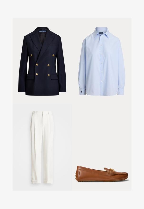 Marineblå dobbeltradet blazer med guldknapper og slidser i reverset, med klaplommer og Polo by Ralph Lauren label inde i kraven.; Lyseblå langærmet skjorte med knapper og spids krave samt broderet logo på venstre manchet, vist på hvid baggrund.; Hvide skræddertrousers med to frontplisseringer, lige snit og opfoldede kanter. Fremstillet af glat stof og har et klassisk design.; Brun læderloafer med gulddetalje på spænde, gummisål med grebknopper på hæl og bund.