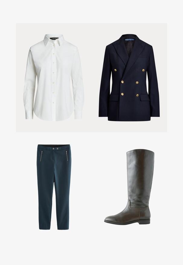 Marineblauwe dubbelgeknoopte blazer met gouden knopen en inkeping op de revers, met klepzakken en een Polo by Ralph Lauren label aan de binnenkant van de kraag.; Wit overhemd met lange mouwen en knopen, met een klassieke kraag en zichtbare knopen aan de voorkant, getoond op een effen achtergrond.; Next SKINNY PETITE - Broek - navy blue; Bruine leren kniehoge laars met een gladde textuur, ronde neus en minimale stikdetails. De zool is plat met een lage hak.