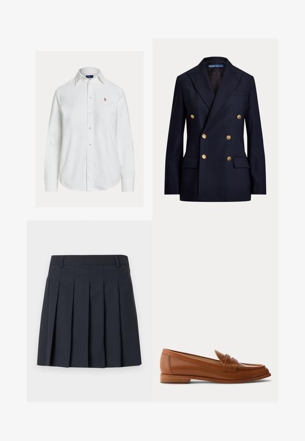 Tmavomodré dvojradové sako so zlatými gombíkmi a zárezovými klopami, s klopovými vreckami a štítkom Polo by Ralph Lauren vo vnútri goliera.; Biela košeľa s dlhými rukávmi na gombíky, golierom a malým vyšívaným logom na ľavej strane hrude, zobrazená na jednoduchom pozadí.; Tmavomodrá plisovaná sukňa s plochým pásom, vyrobená z hladkej tkaniny. Má viaceré vertikálne záhyby a prispôsobený strih.; Hnedý kožený mokasín s nízkym dreveným podpätkom, klasickým pásikom na mincu a prešitými detailmi pozdĺž špičky a strán.