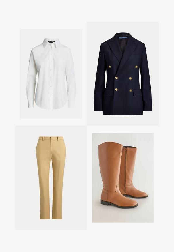 Marineblaues zweireihiges Sakko mit goldenen Knöpfen und Kissing Revers, mit Pattentaschen und einem Polo by Ralph Lauren Label innen am Kragen.; Weißes langärmeliges Hemd mit Knopfleiste, spitzem Kragen und leicht gebogenem Saum.; Beige Straight-Leg-Hose mit Gürtelschlaufen, Frontreißverschluss und maßgeschneiderten Biesen auf einem einfarbigen hellen Hintergrund.; Helle Leder-Stiefel bis zum Knie mit glatter Oberfläche, seitlichem Reißverschluss und niedrigem schwarzen Gummihigh. Minimalistisches Design und runde Spitze.