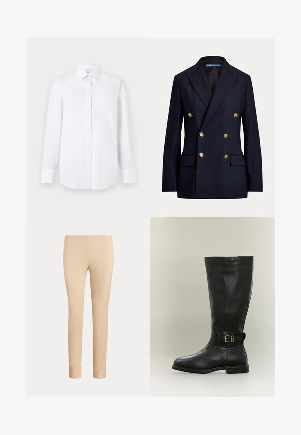 Marineblaues zweireihiges Sakko mit goldenen Knöpfen und Kissing Revers, mit Pattentaschen und einem Polo by Ralph Lauren Label innen am Kragen.; Weißes Langarmhemd aus glattem Stoff, mit durchgehender Knopfleiste, klassischem Kragen und abgerundetem Saum mit geknöpften Manschetten.; Beige, figurbetonte, knöchellange Hose mit glatter Oberfläche und ohne sichtbare Taschen oder Verzierungen auf einfarbigem Hintergrund.; Hoher schwarzer Lederstiefel mit niedrigem Absatz und seitlichem Riemen mit kleiner goldener Schnalle, dargestellt vor neutralem Hintergrund.