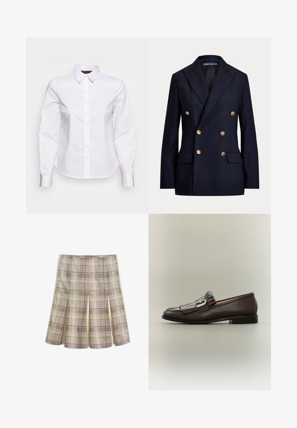 Veste bleu marine croisée avec boutons dorés et revers à encoche, dotée de poches à rabat et d'une étiquette Polo by Ralph Lauren à l'intérieur du col.; Chemise blanche à manches longues avec col pointu et taille ajustée, présentée sur un fond uni.; Jupe à carreaux beige et crème avec des lignes rouges, des détails plissés et un petit logo blanc Puma près de l'ourlet sur le côté droit.; Mocassin en cuir marron foncé avec détail à franges et boucle dorée sur fond neutre, vue latérale.