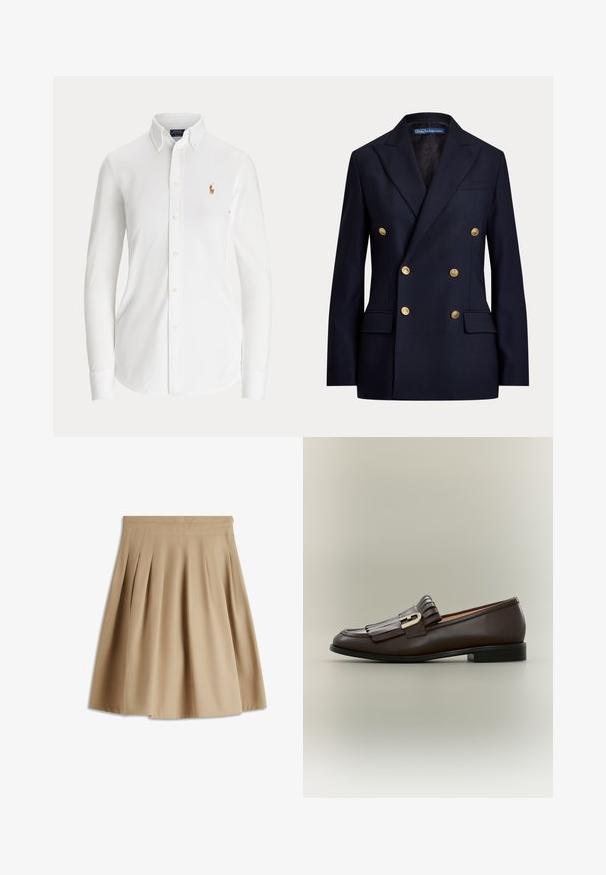 Tmavomodré dvojradové sako so zlatými gombíkmi a zárezovými klopami, s klopovými vreckami a štítkom Polo by Ralph Lauren vo vnútri goliera.; Biela košeľa s dlhým rukávom zapínaná na gombíky, golierom na gombíky a malým vyšitým logom hráča póla na hrudi.; Béžová plisovaná sukňa po kolená so širokým pásom a box záhybmi, vyrobená z hladkej látky, zobrazená na bielom pozadí.; Tmavohnedý kožený mokasín s detailom strapcov a zlatou prackou na neutrálneho pozadí, bočný pohľad.