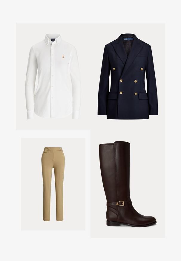 Marineblå dobbeltradet blazer med guldknapper og slidser i reverset, med klaplommer og Polo by Ralph Lauren label inde i kraven.; Hvid skjorte med lange ærmer og knapper, med knaplukket krave og lille broderet polo-spillerlogo på brystet.; Beige skræddersyede bukser med en glat tekstur, høj talje, to dekorative knapper og en enkelt baglomme. Lige ben-design.; Mørkebrun knæhøj læderstøvle med en lille gylden spænde og "RL" logo på remmen rundt om anklen.