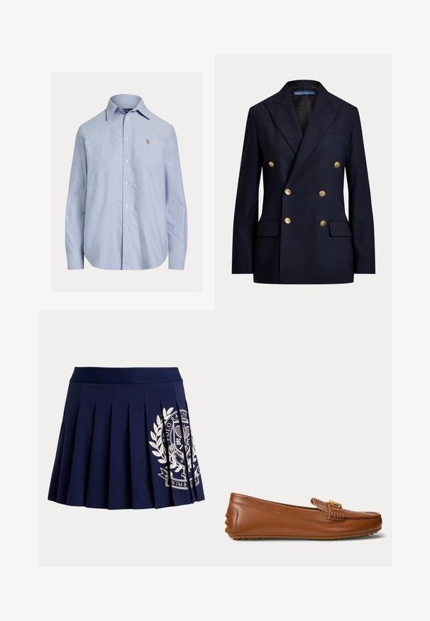 Tumesinine kahe reaga bleiser kuldsete nööpide ja sälkudega revääridega, taskutega ning Polo by Ralph Lauren sildiga krae sees.; Hele sinine pikkade varrukatega nööbitav särk, terava kraega ja väikese tikitud logoga vasakul rinnal.; Tumesinine voltidega seelik laia vöökohaga ja valge tenniseteemalise vapilogo paremal allosas.; Pruun nahast loafers kuldse pandla detailiga, kummist talla ja kannal ning põhjal haardevõtmetega.