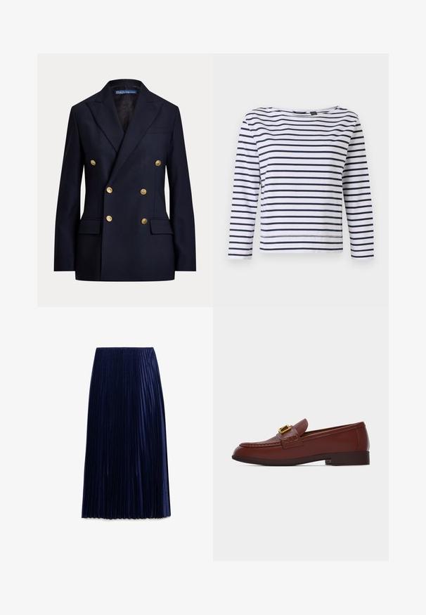 Marineblå dobbeltradet blazer med guldknapper og slidser i reverset, med klaplommer og Polo by Ralph Lauren label inde i kraven.; Stribet langærmet top i hvid og marineblå, med en bådudskæring og en afslappet pasform. Lavet af blødt bomuldsstof med syede kanter.; Mørkeblå plisseret midi-nederdel lavet af letvægtsstof med en glat overflade, der har jævnt fordelt lodrette folder og en elastisk talje.; Brun læderloafer med guldbeslag, lav hæl og syet mokasitnæse design på hvid baggrund.