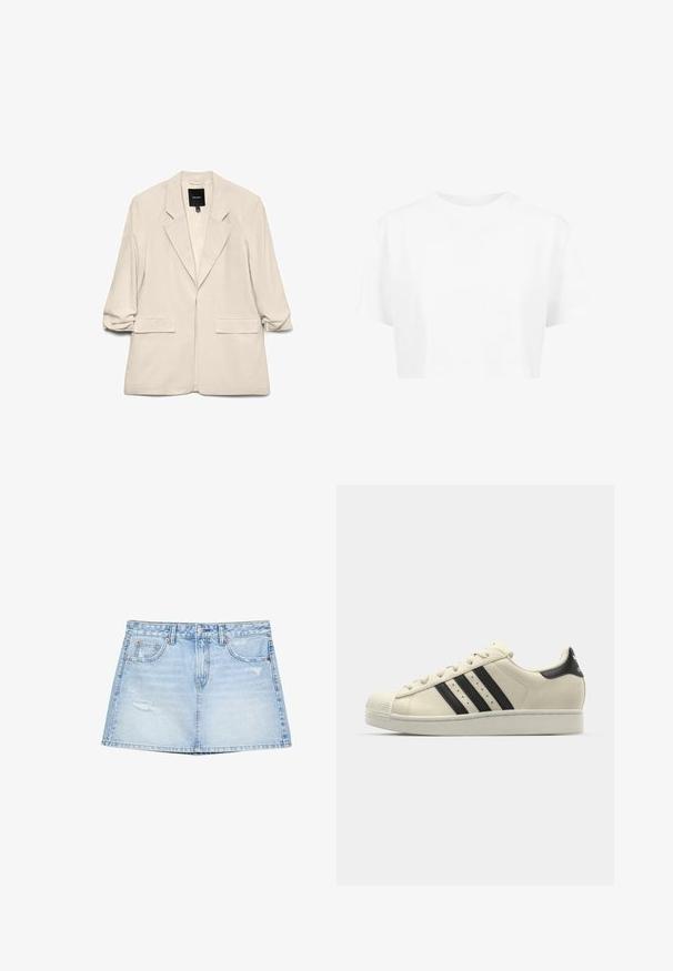 Beige blazer med notch revers, to frontlommer med klap, og trekvartærmer, lagt fladt mod en hvid baggrund.; Hvid cropped t-shirt, korte ærmer, rund halsudskæring, lavet af blødt stof, uden synlige mønstre eller distinkt hardware.; Lyseblå denimnederdel med lige snit, forlommer og slidte detaljer. Afsluttet med en knap- og lynlåslukning.; Hvide lædersneakers med sorte striber, rund tå, gummisål, tekstureret overdel og snøresystem. Har logo på hælen.