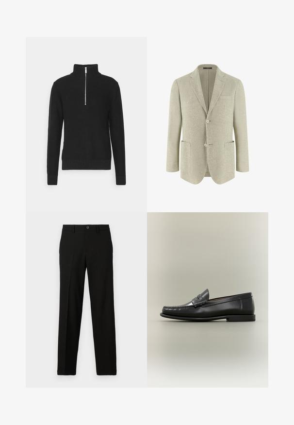 Lysebeige herreblazer med hakkede revers, to forlommer med lapper og to knapper, præsenteret på hvid baggrund.; Sort strikket pullover med høj krave, lynlås lukning, ribbede mansjetter og søm, med en glat tekstur og en tætsiddende silhuet.; Sorte bukser lavet af glat stof, med lige snit, knaplukning i taljen, og uden synlige mønstre eller accenter.; Sort læder herresko med moc-toe-design, penny-rem og lav hæl på en neutral baggrund.